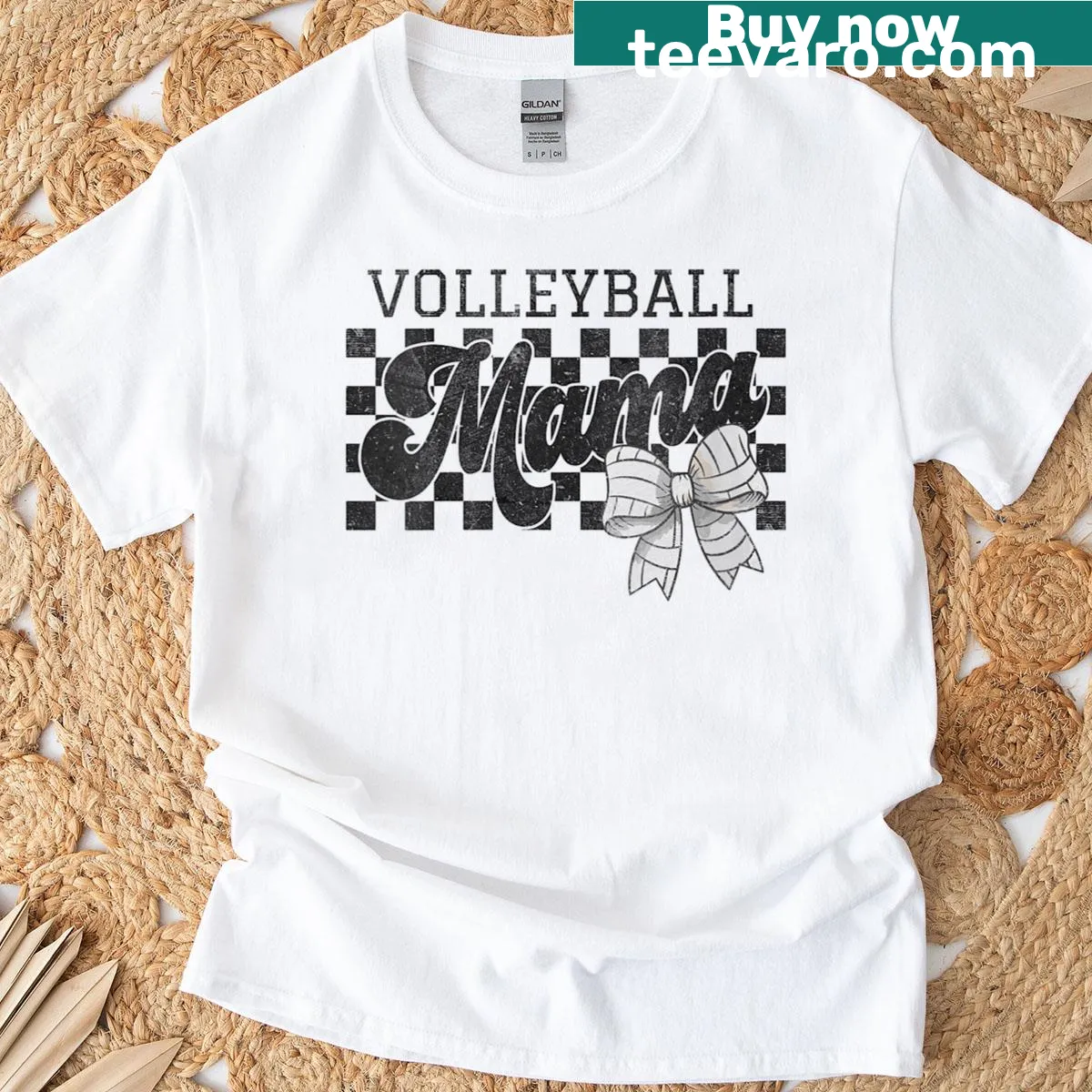 Retro volleyball mom shirt with playful graphic and bow — on a men's t-shirt