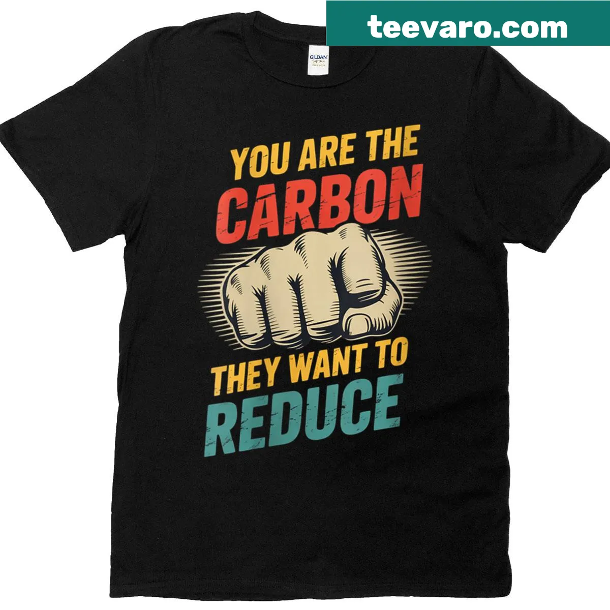 Humorous T-shirt with the phrase about carbon reduction — on a men's t-shirt