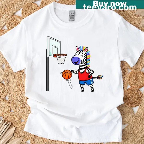 Cartoon zebra dunking a basketball on a humorous T-shirt
