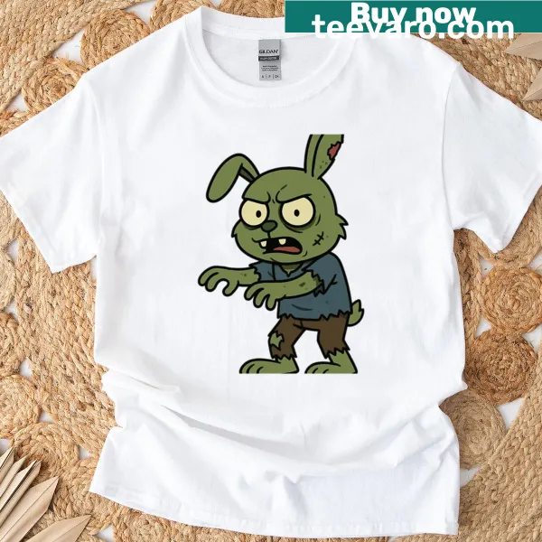 Creepy Halloween T-shirt featuring a zombie rabbit in torn clothes