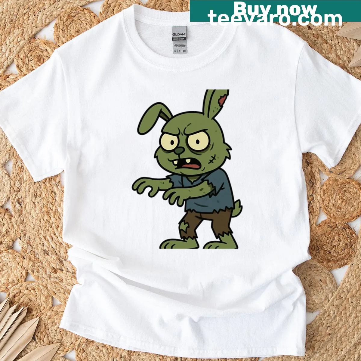 Creepy Halloween T-shirt featuring a zombie rabbit in torn clothes — on a men's t-shirt