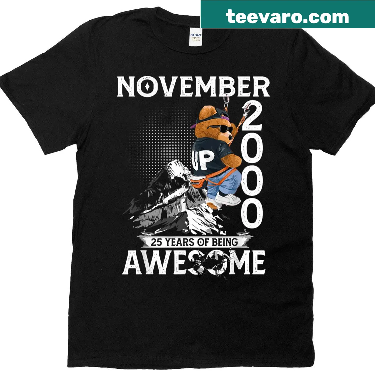 T-shirt celebrating a 25th birthday with a bear graphic and text. — on a men's t-shirt