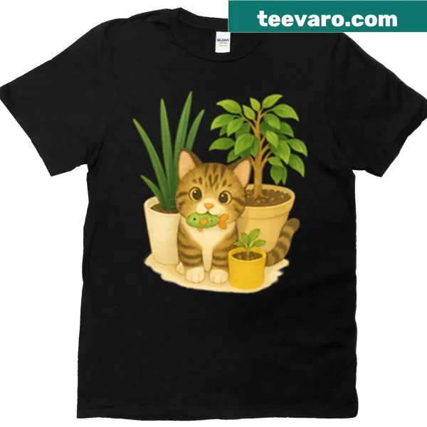 T-shirt featuring a cute cat surrounded by plants in a playful illustration.