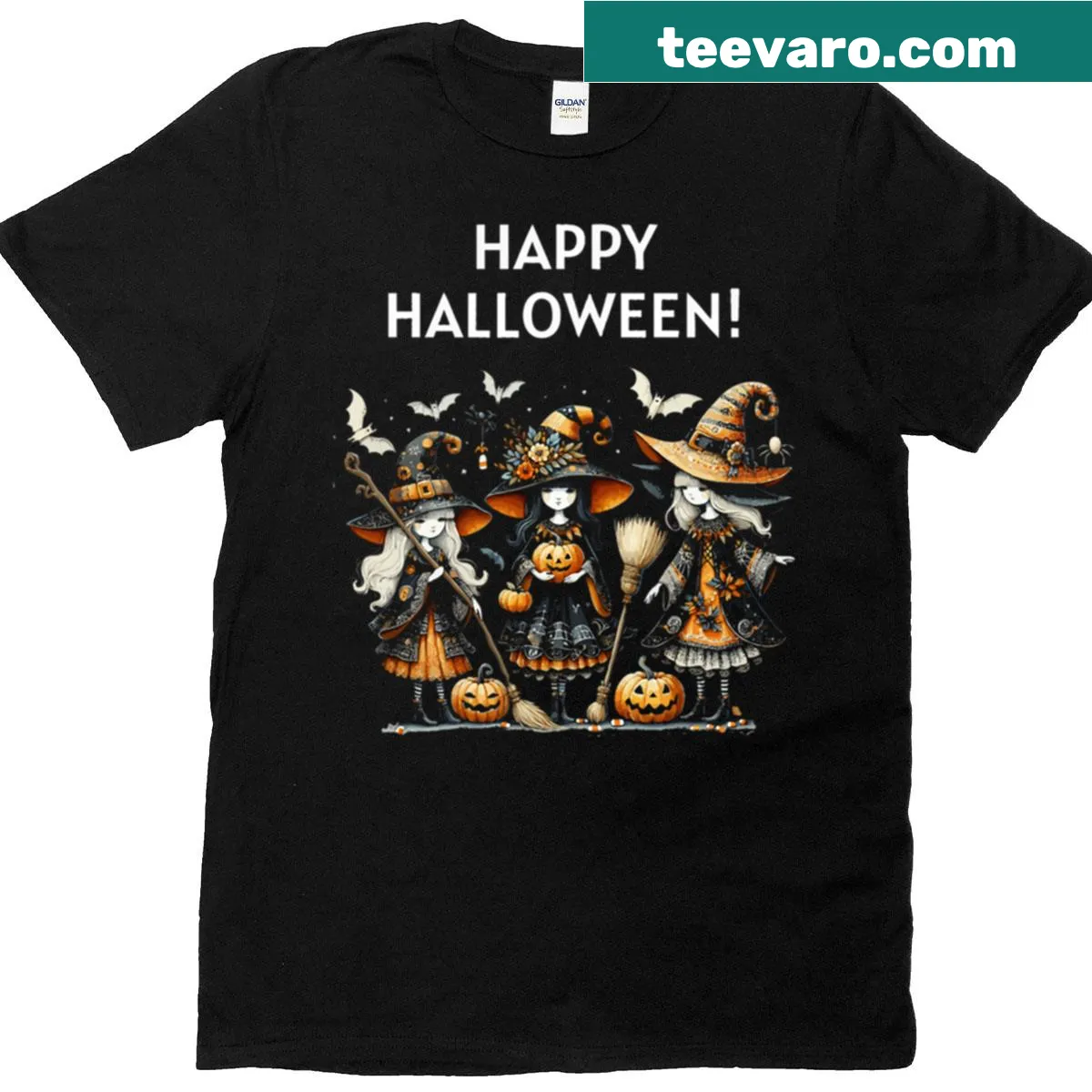 Halloween T-shirt featuring three cute witches design. — on a men's t-shirt