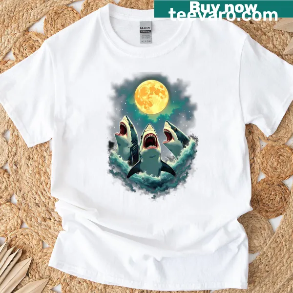 Illustrated T-shirt featuring three sharks howling at the moon