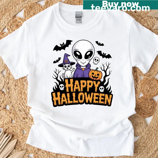 Retro design T-shirt featuring alien and witch cat with pumpkins