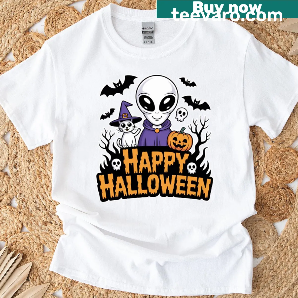 Retro design T-shirt featuring alien and witch cat with pumpkins — on a men's t-shirt