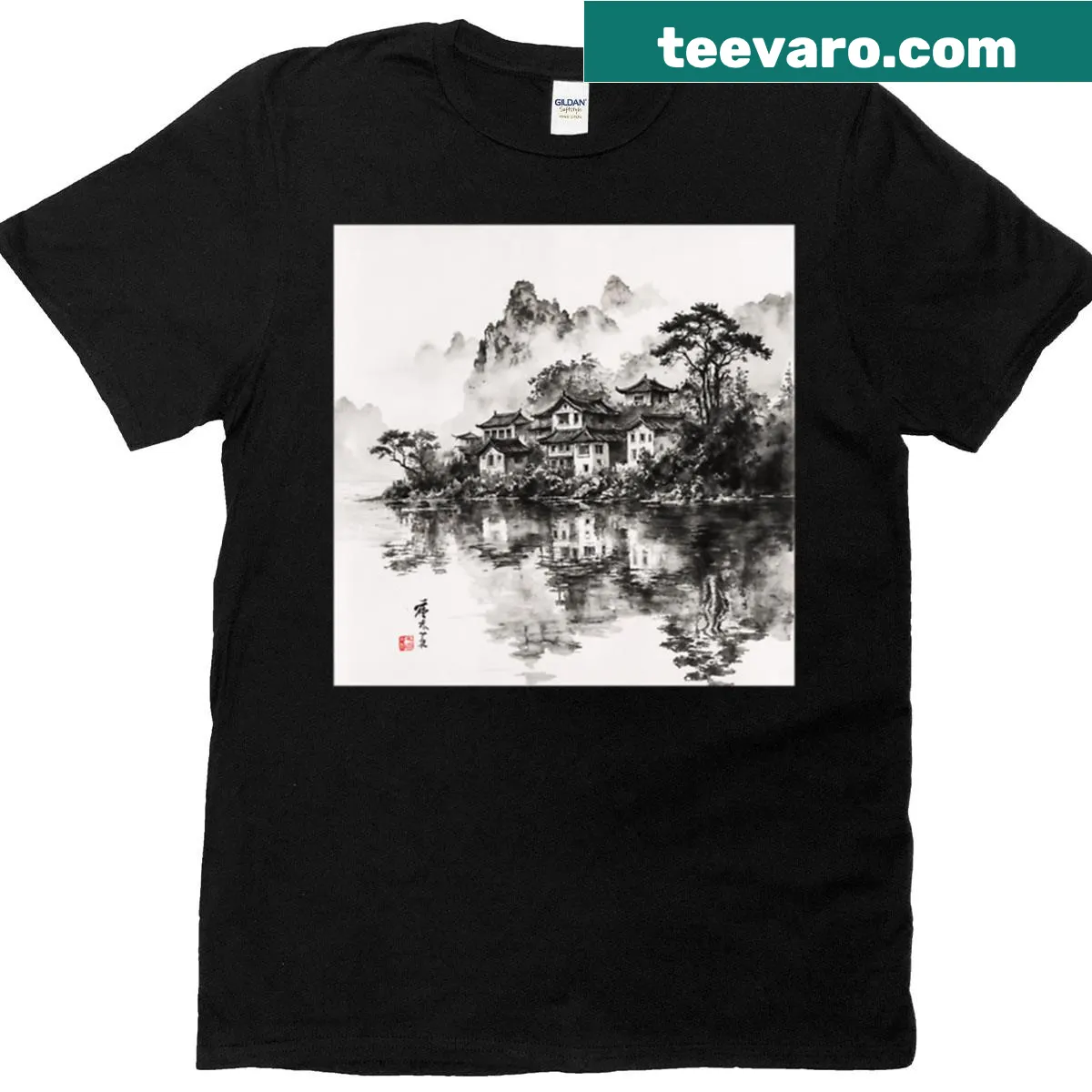 Ink painting of an ancient village by a tranquil lake on t-shirt — on a men's t-shirt