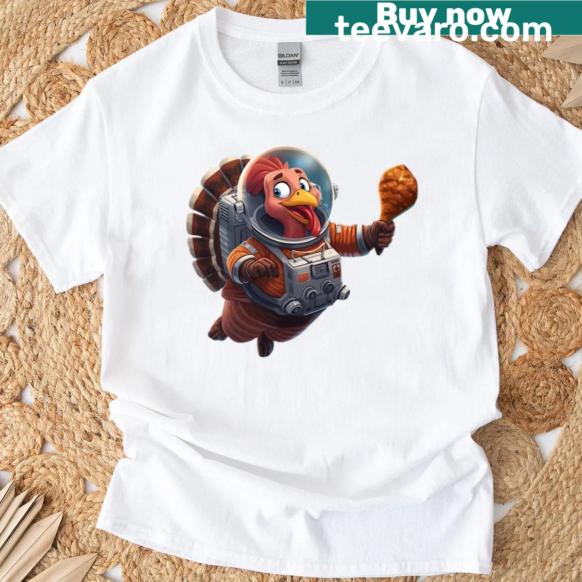 Illustrated astronaut turkey for Thanksgiving t-shirt — on a men's t-shirt