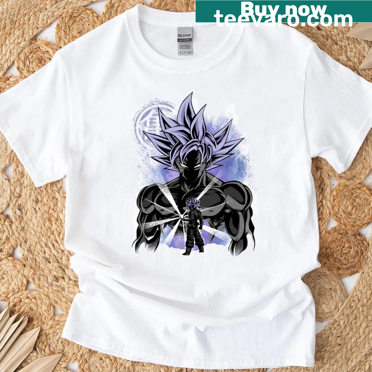 Dynamic graphic representing ultra instinct and adventure. — on a men's t-shirt