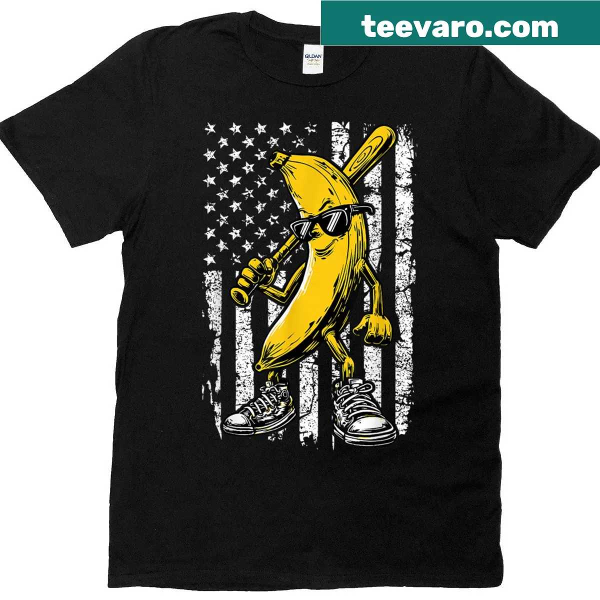 Retro American flag t-shirt featuring a fun banana graphic — on a men's t-shirt