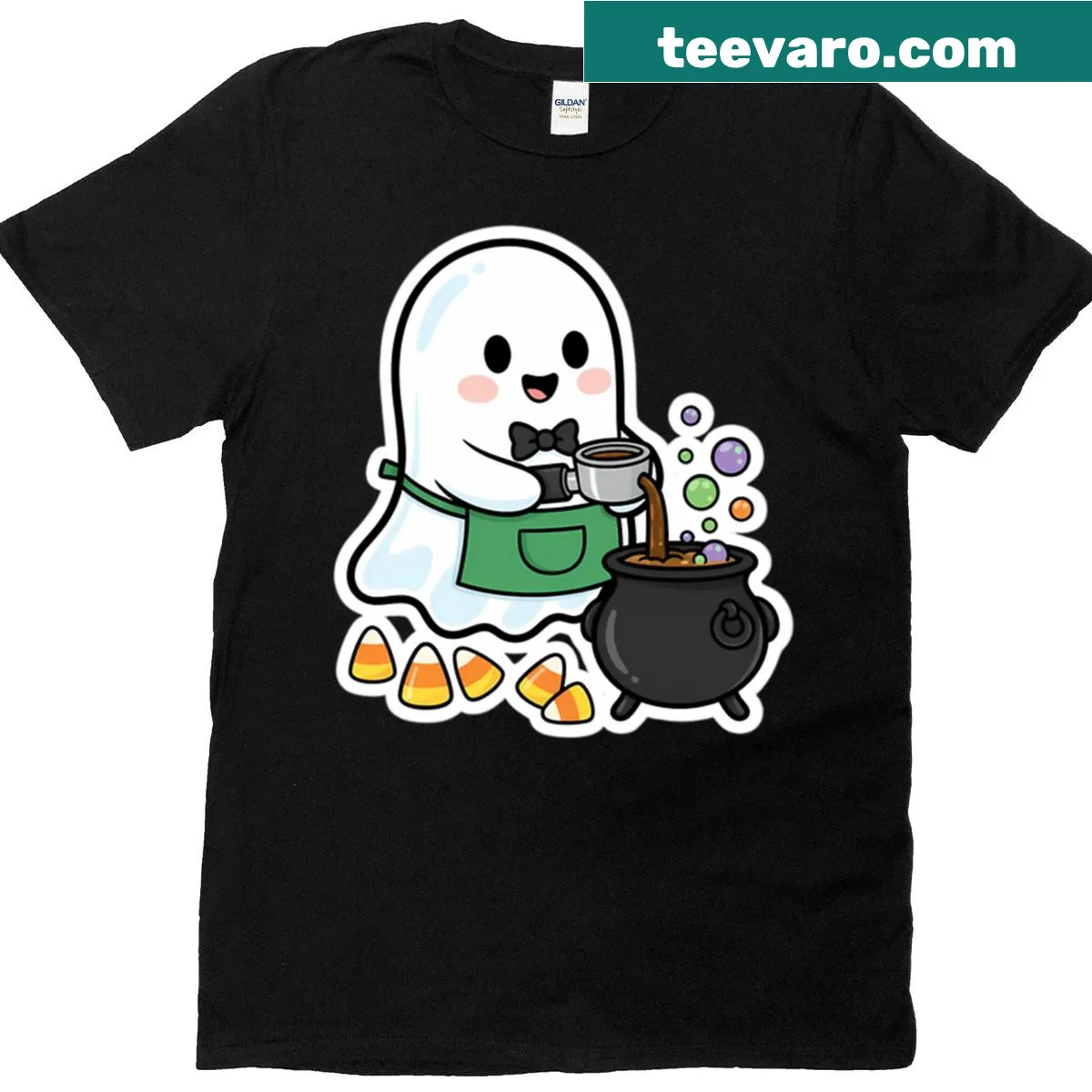 Playful ghost illustration brewing coffee on a t-shirt — on a men's t-shirt