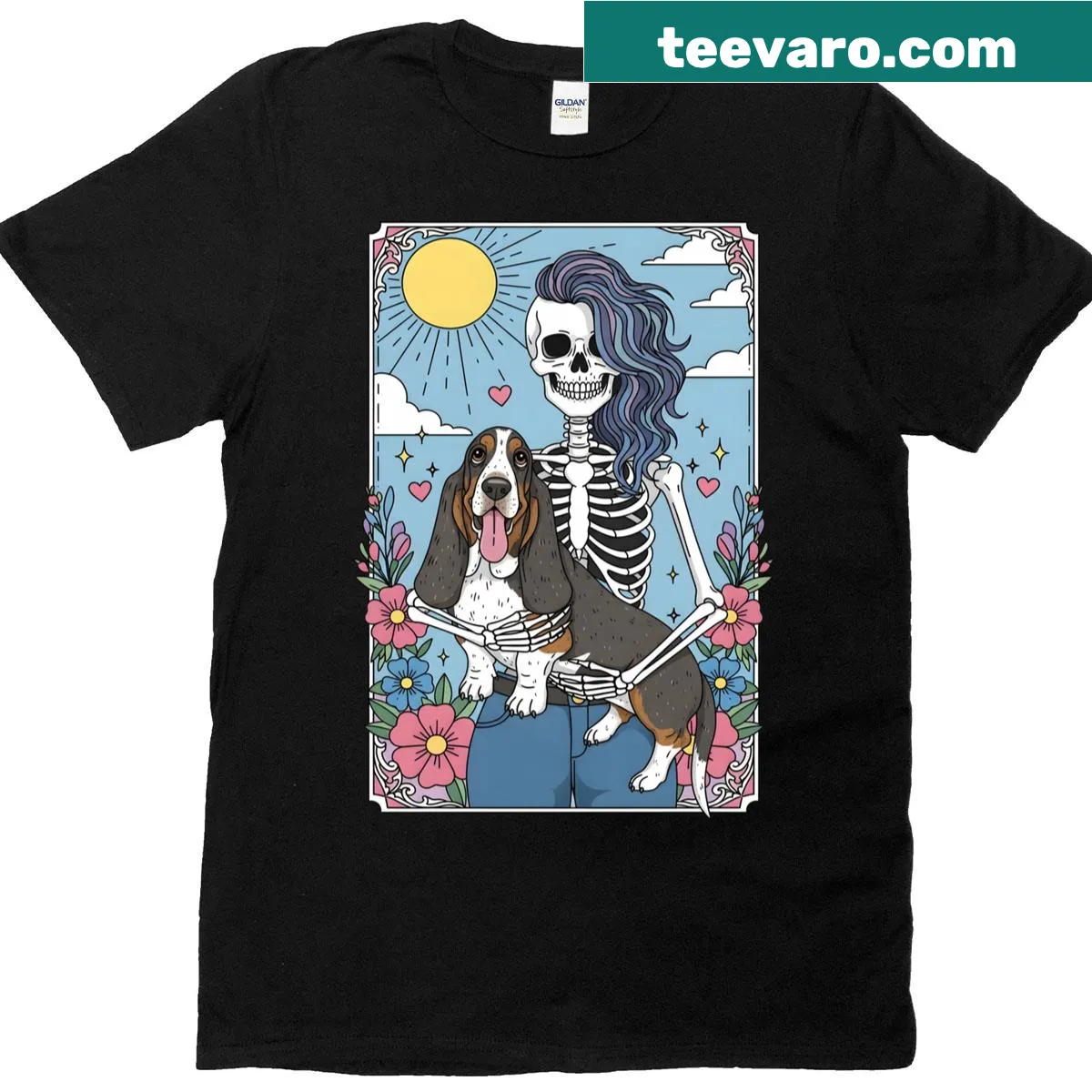 Tarot card graphic featuring a skeleton basset hound — on a men's t-shirt
