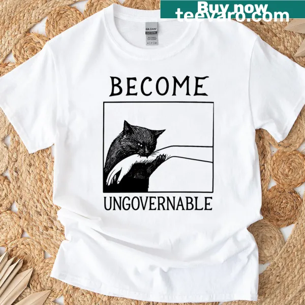 Oversized T-shirt featuring a black cat biting a hand design