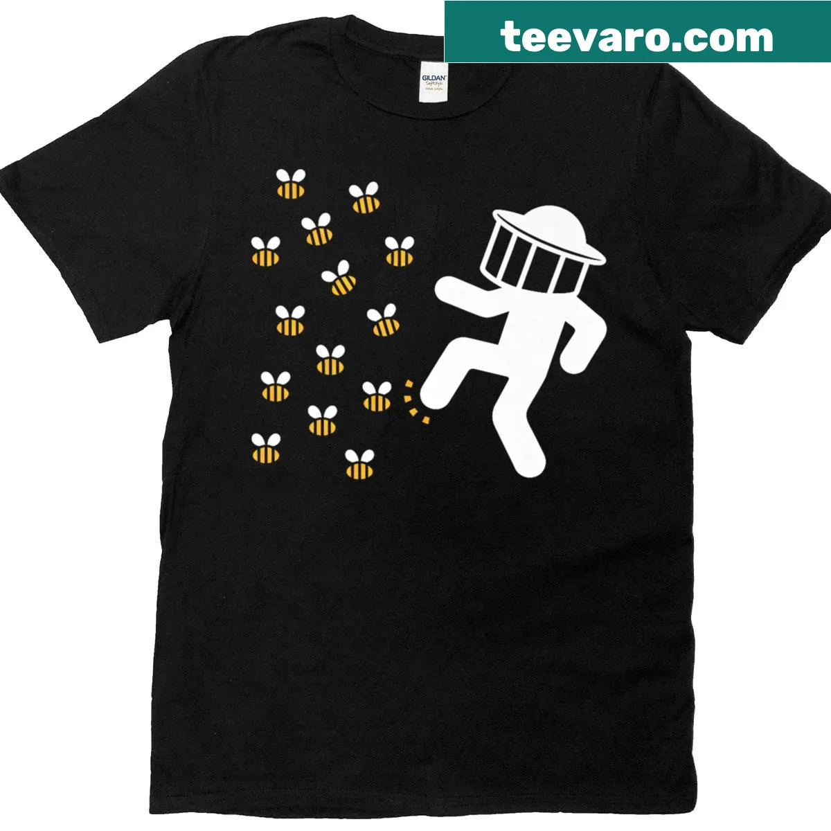 Funny beekeeper t-shirt featuring a beekeeper running from bees — on a men's t-shirt