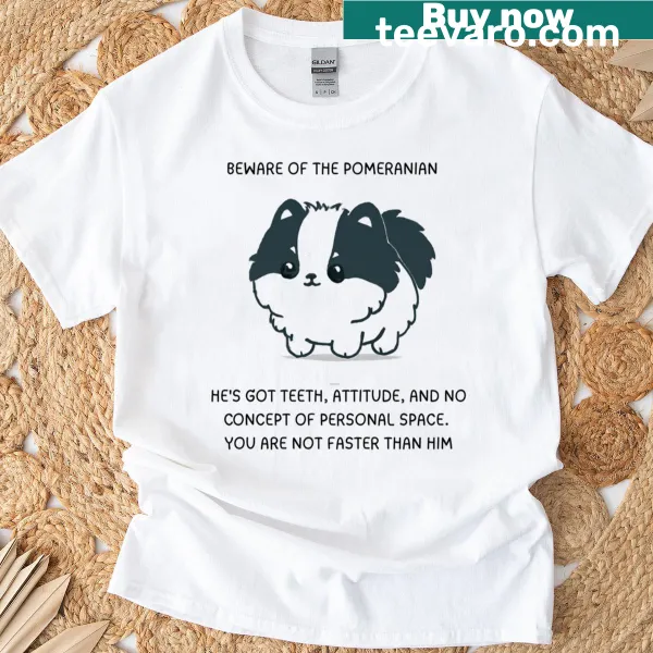 Cute warning sign art featuring a cartoon Pomeranian on a T-shirt