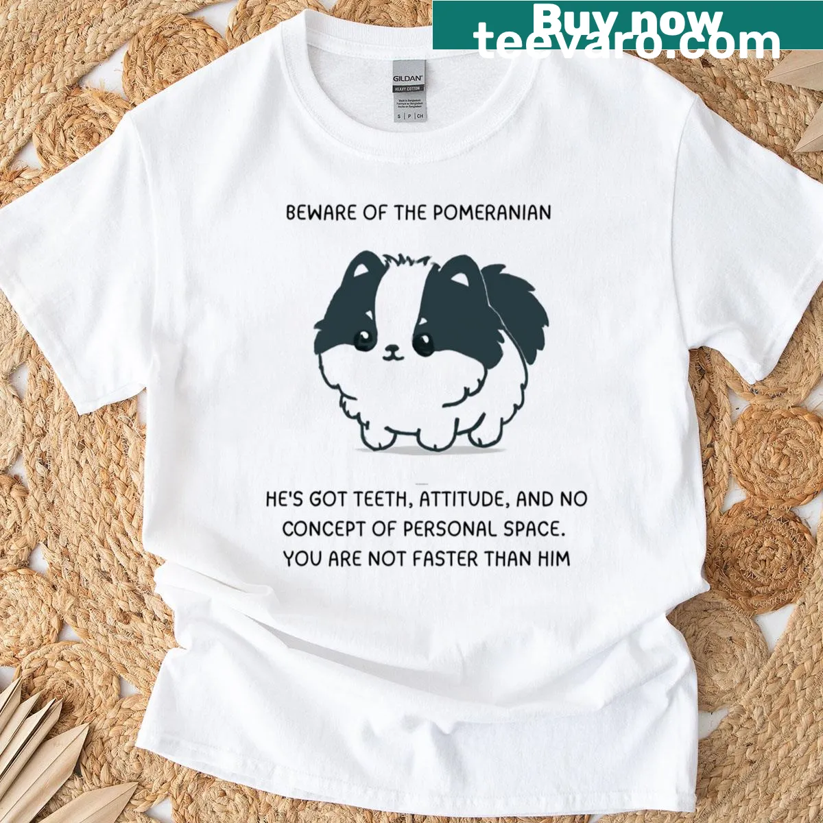 Cute warning sign art featuring a cartoon Pomeranian on a T-shirt — on a men's t-shirt