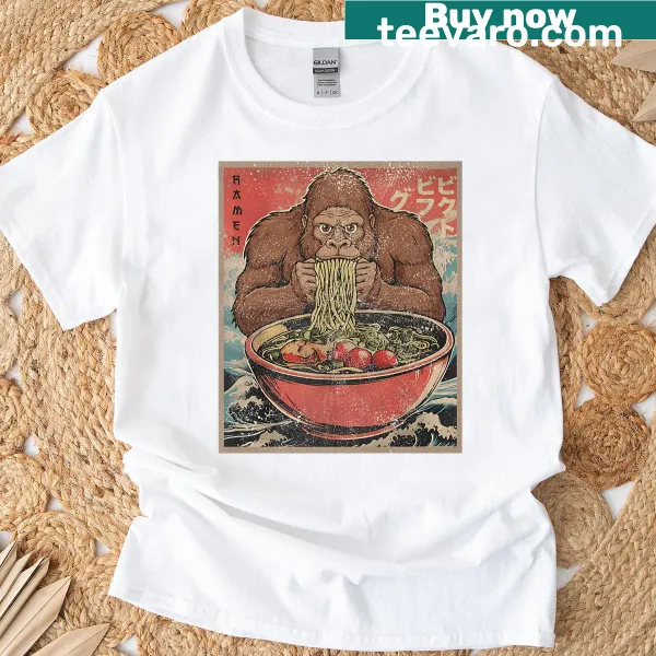 Vintage T-shirt featuring Bigfoot and ramen noodle art