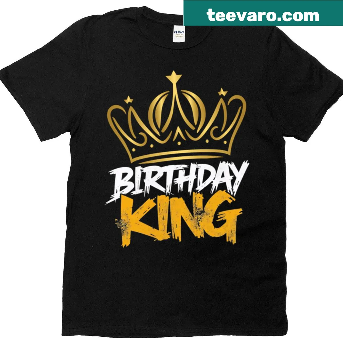 Funny birthday king t-shirt with crown graphic — on a men's t-shirt
