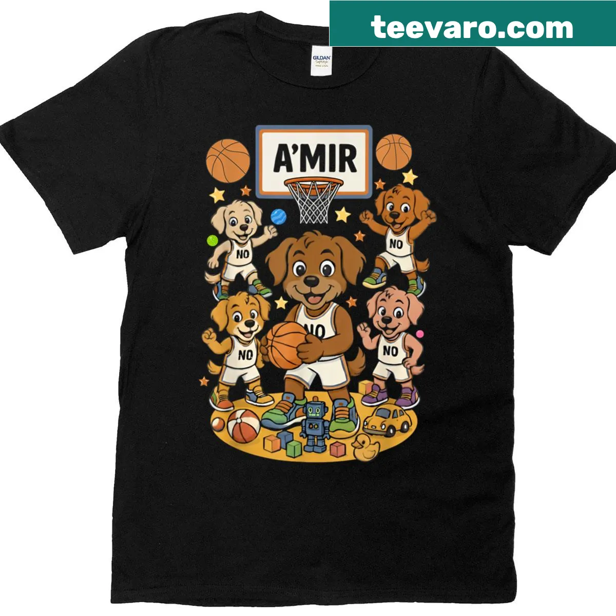 Birthday t-shirt featuring puppies and basketball — on a men's t-shirt