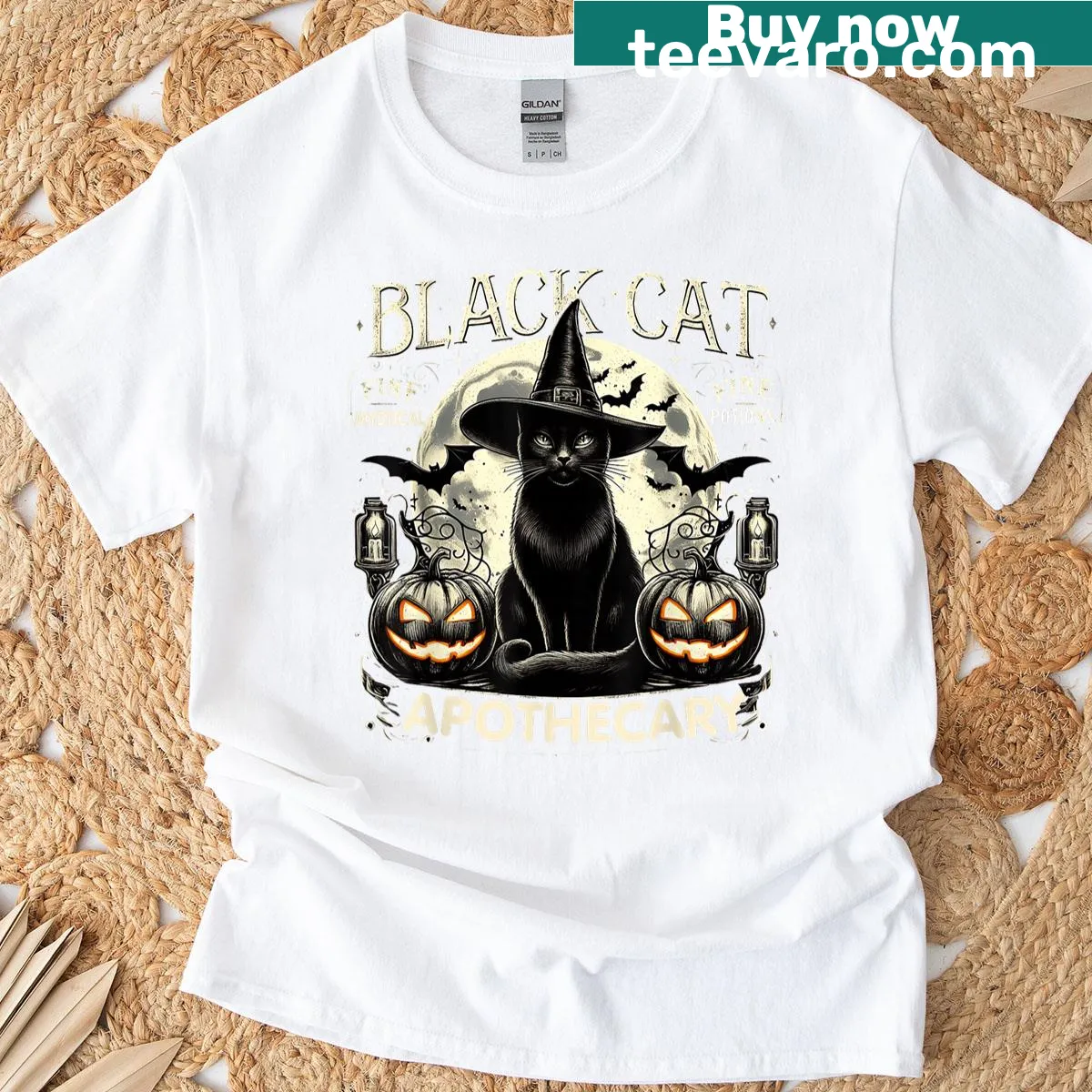 Vintage Halloween art featuring a black cat on a T-shirt — on a men's t-shirt