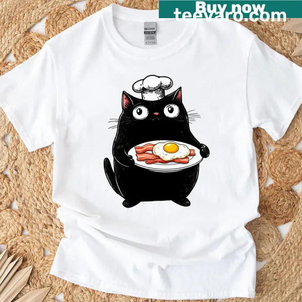 Black cat chef graphic t-shirt with breakfast theme