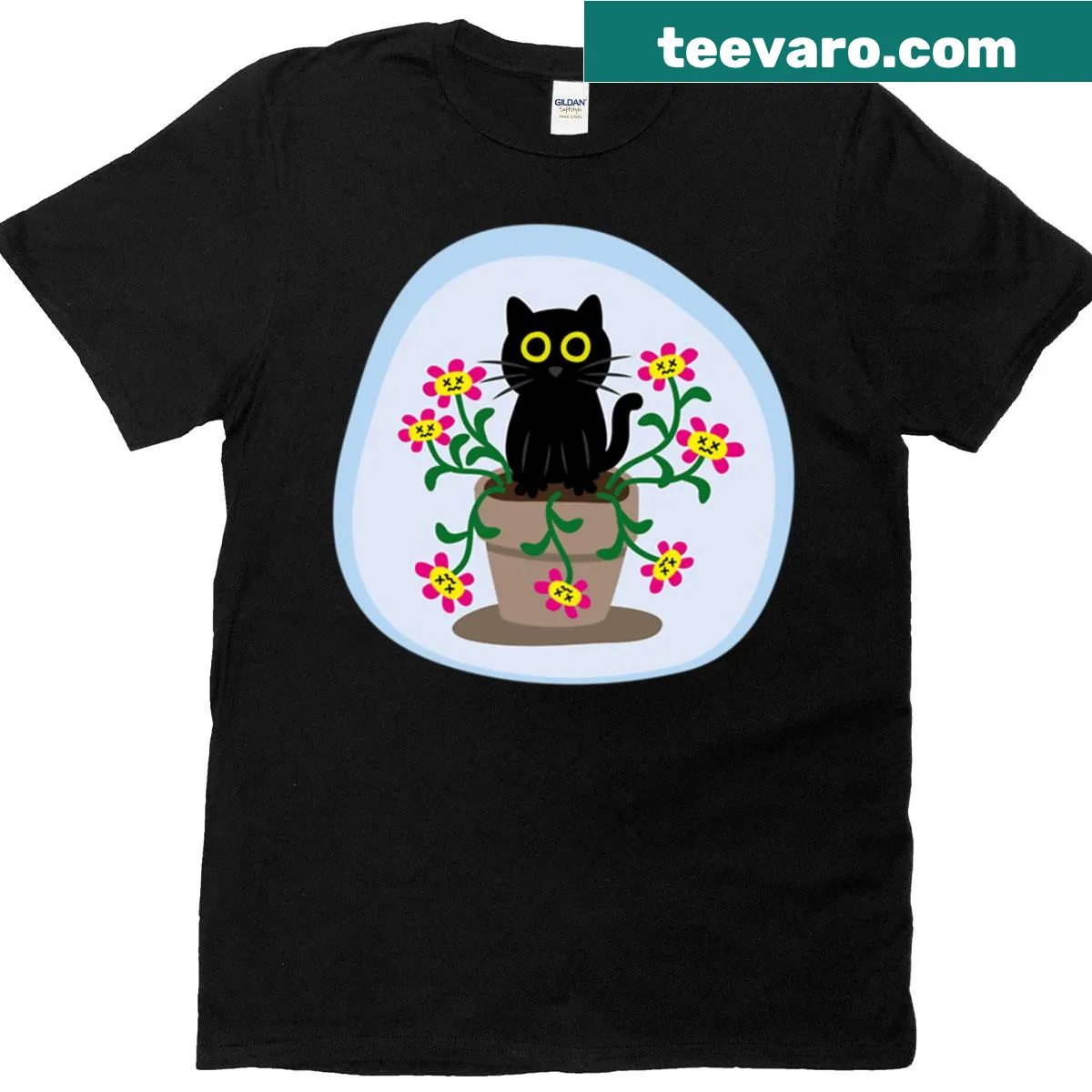 Funny t-shirt featuring a black cat in a flower pot — on a men's t-shirt