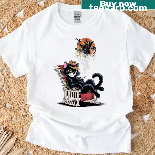 Illustrative black cat smoking cigarette in Halloween-themed design