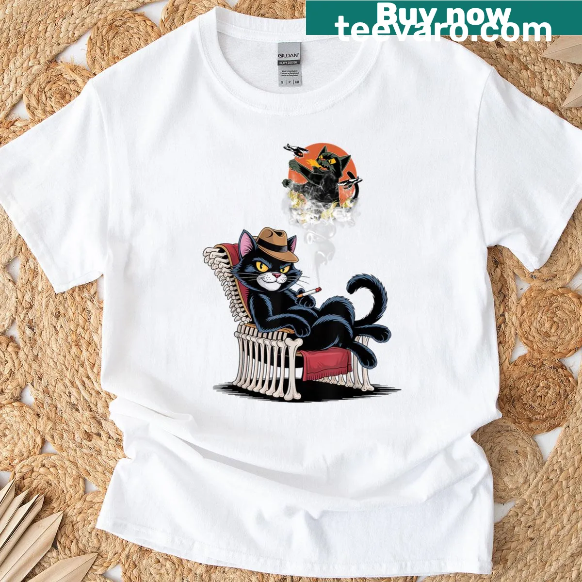 Illustrative black cat smoking cigarette in Halloween-themed design — on a men's t-shirt