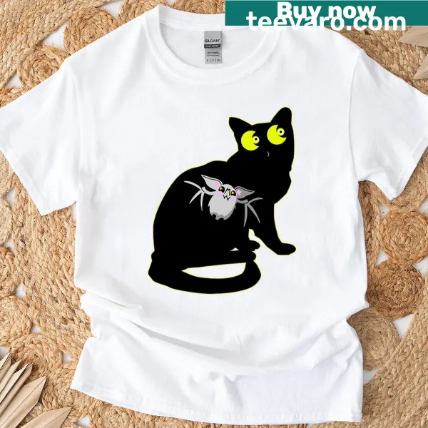 Cartoon black cat with bat graphic on T-shirt