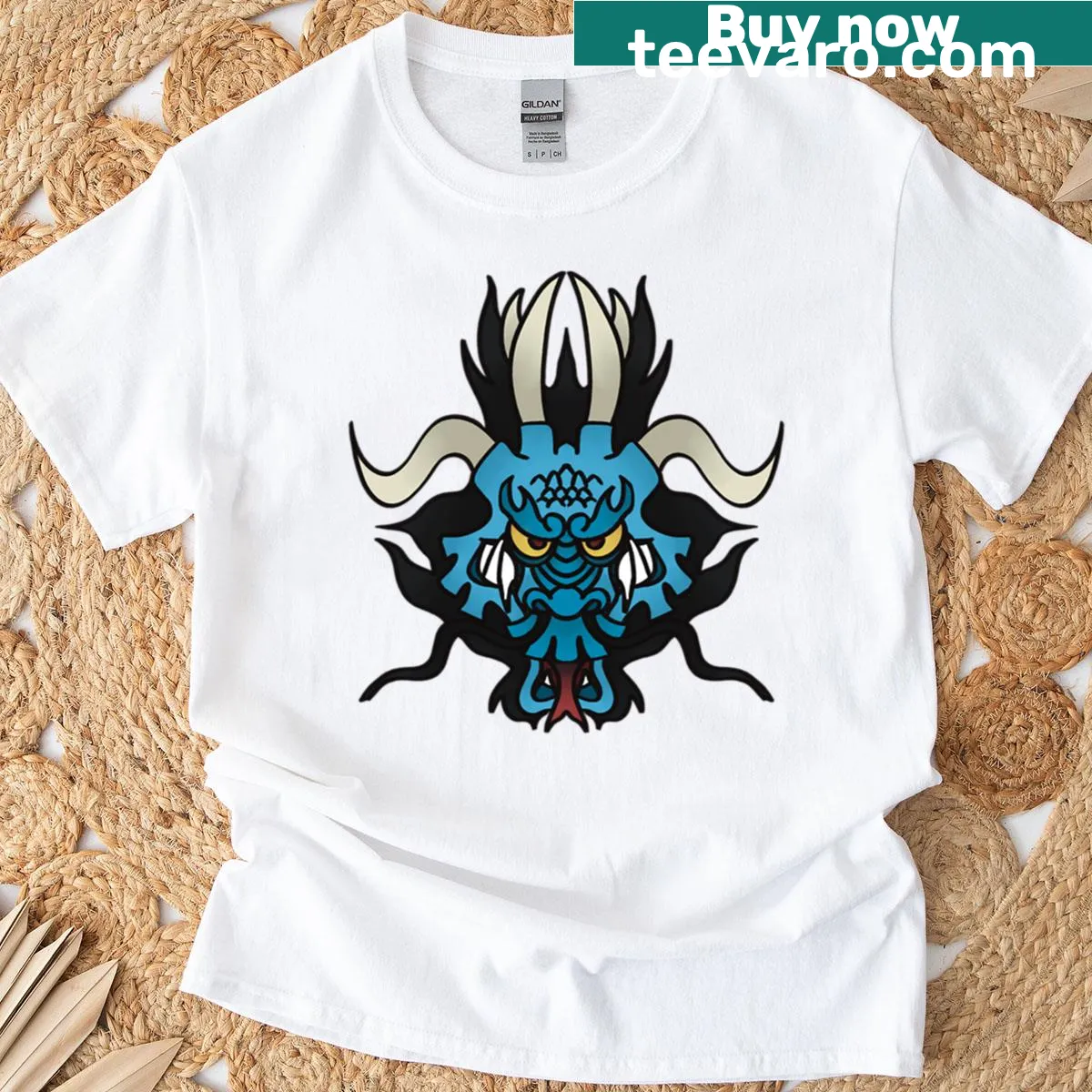 Bold illustration of a blue anime dragon with pirate elements — on a men's t-shirt