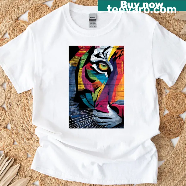 Bold geometric tiger face illustration on a T-shirt