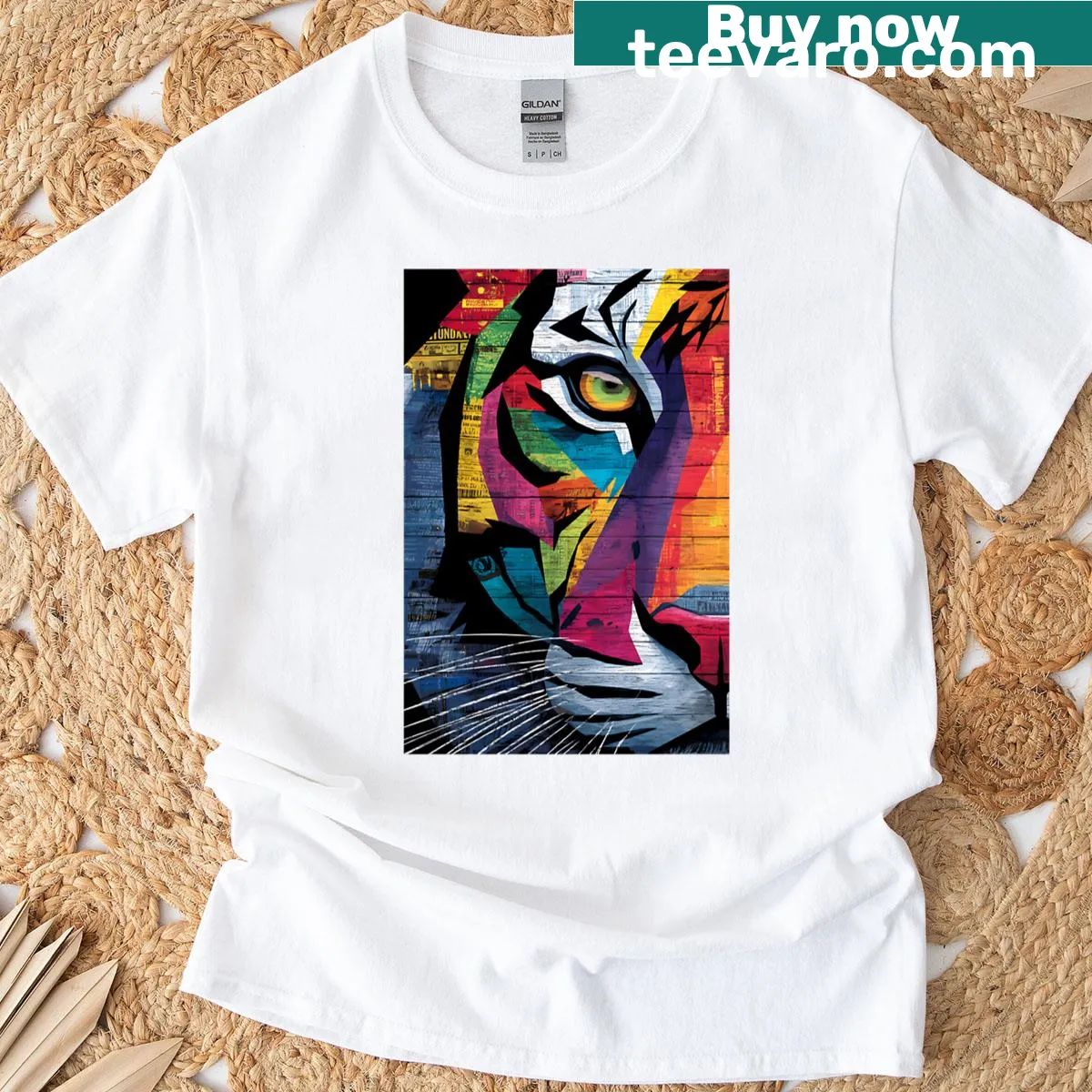 Bold geometric tiger face illustration on a T-shirt — on a men's t-shirt