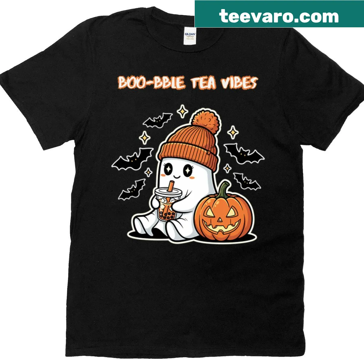 Funny Halloween bubble tea design T-shirt featuring ghosts and pumpkins — on a men's t-shirt