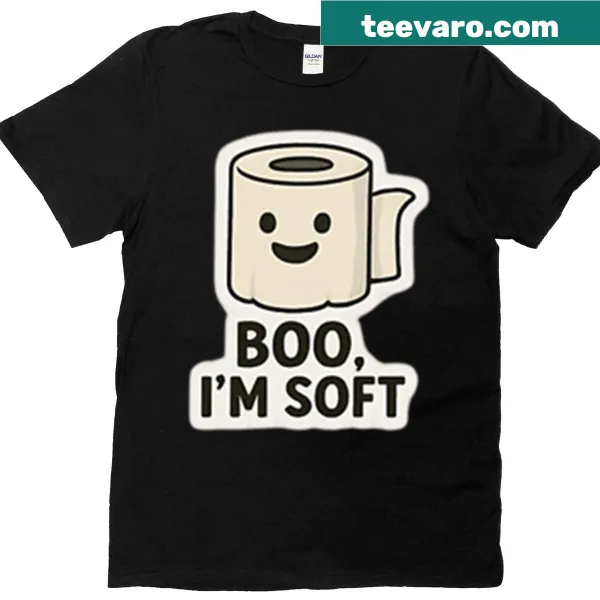 Cartoon ghost with text 'Boo I'm Soft' on an oversized t-shirt