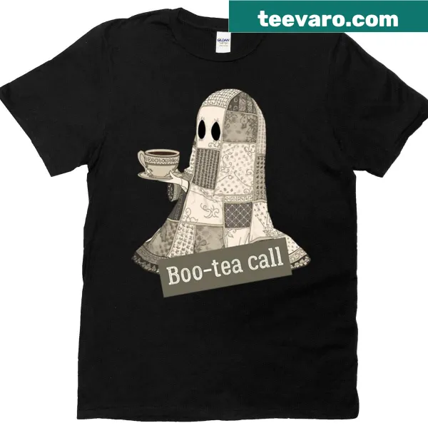 Funny ghost design t-shirt with a ghost holding a cup of tea