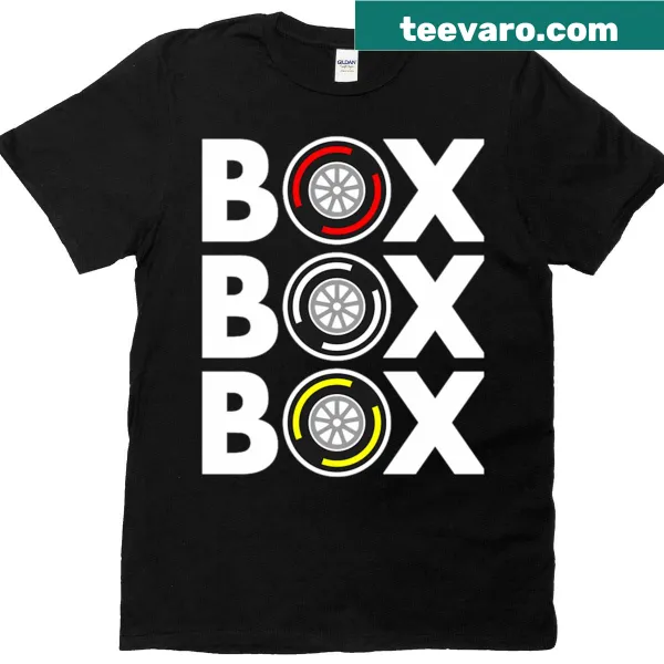Formula 1 t-shirt with the phrase 'Box Box Box' in bold text