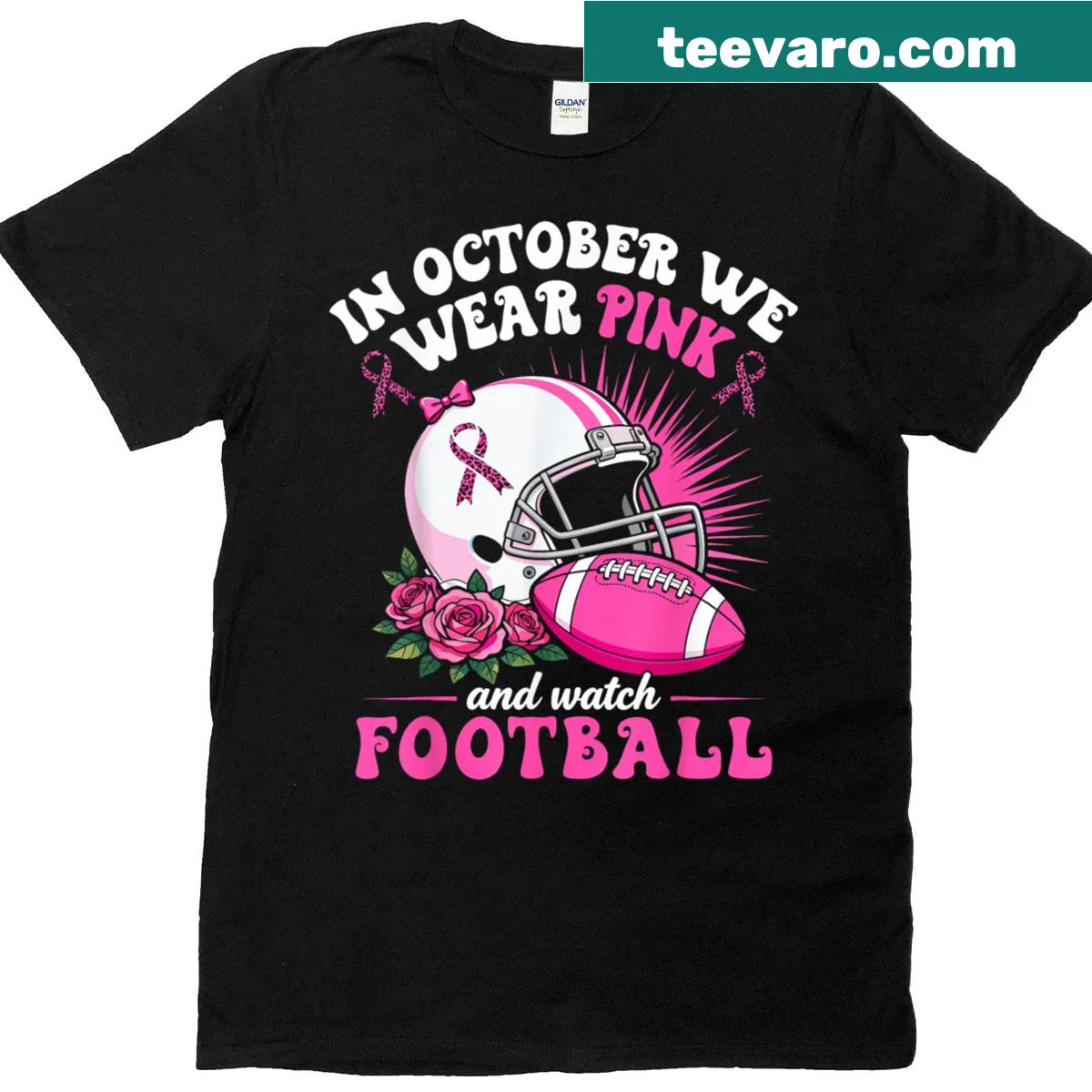 Breast Cancer Awareness T-shirt with a pink football theme — on a men's t-shirt