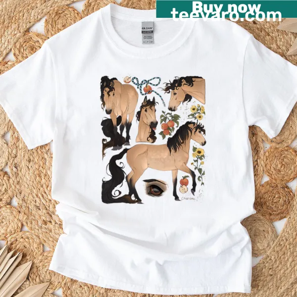 T-shirt featuring a buckskin mustang with apples and sunflowers