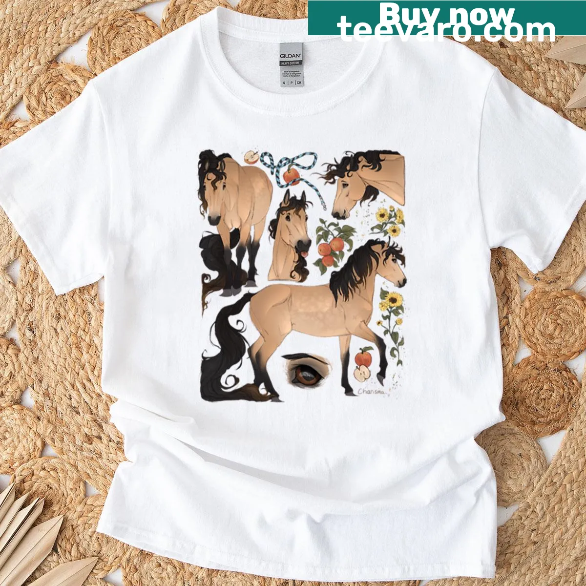 T-shirt featuring a buckskin mustang with apples and sunflowers — on a men's t-shirt