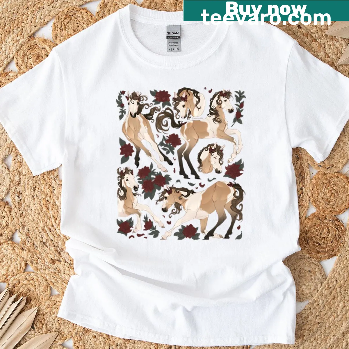 Illustrated T-shirt featuring a buckskin paint foal and roses — on a men's t-shirt