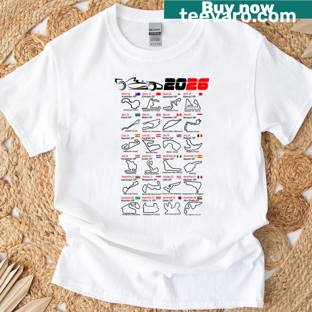 Graphic listing 2026 race calendar circuits on a T-shirt — on a men's t-shirt