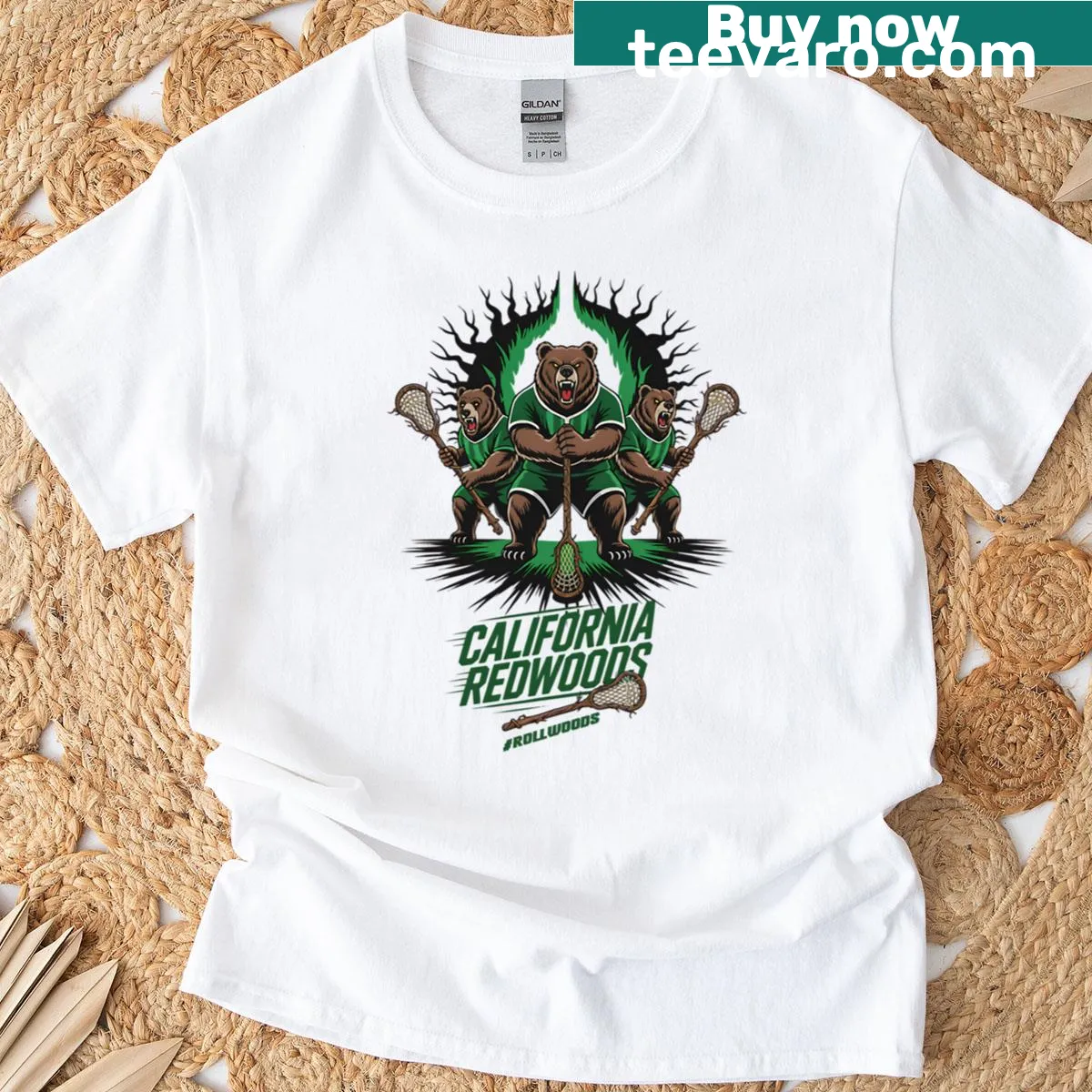 Illustrated redwoods graphic for lacrosse lovers' t-shirt — on a men's t-shirt
