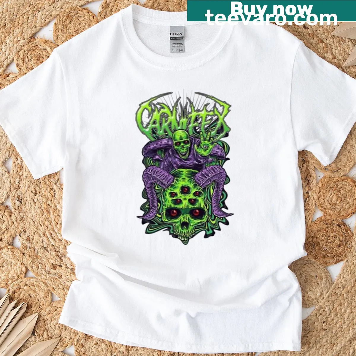 Band t-shirt featuring the Carnifex logo — on a men's t-shirt