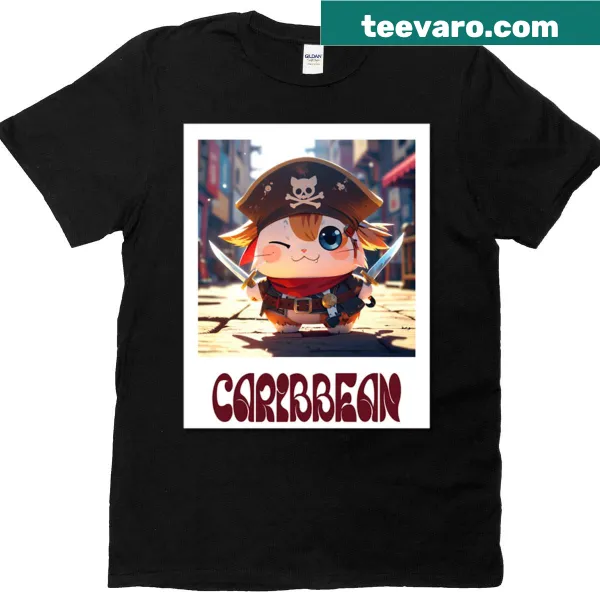 Whimsical cat in a tropical paradise on Cat Caribean t-shirt