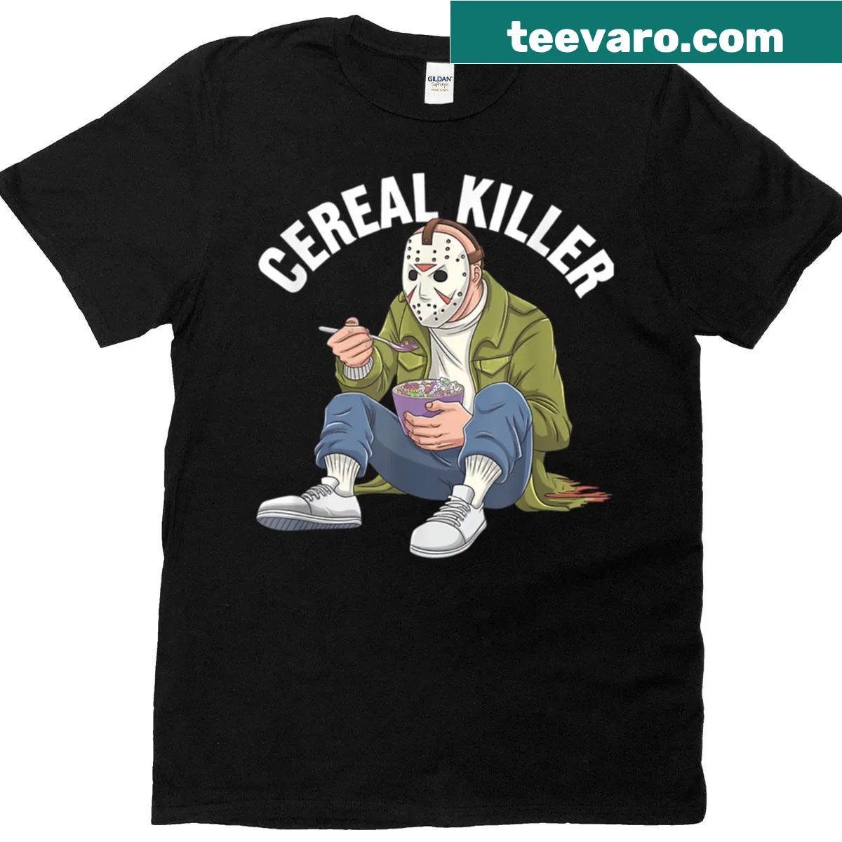 Halloween-themed Cereal Killer t-shirt featuring a masked man with cereal — on a men's t-shirt