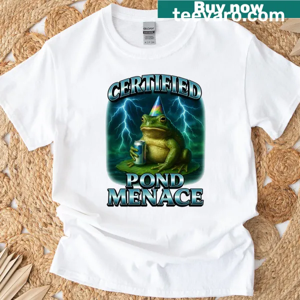 Funny t-shirt featuring a cartoon bullfrog with 'Certified Pond Menace'