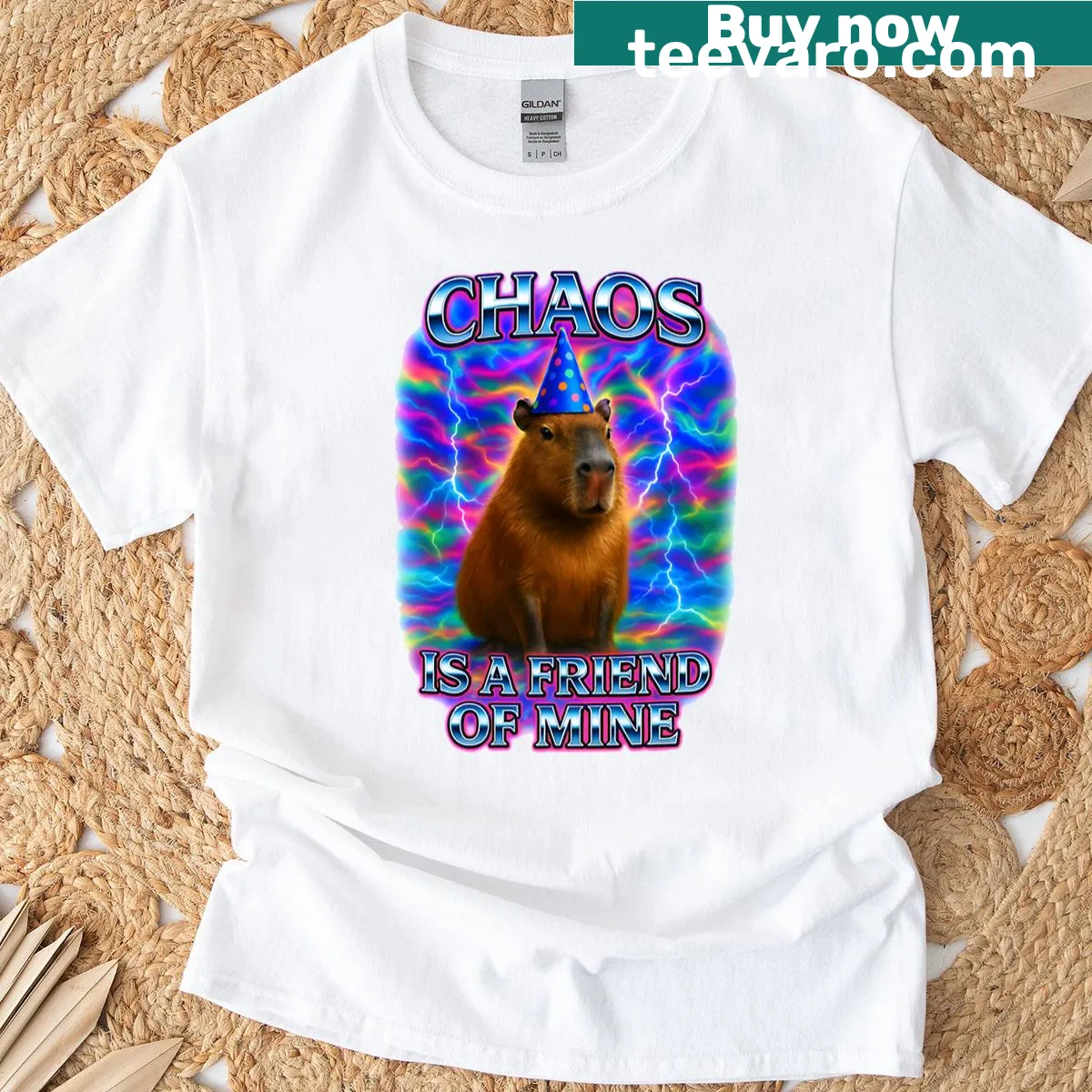Oversized T-shirt featuring a fun capybara graphic with text — on a men's t-shirt