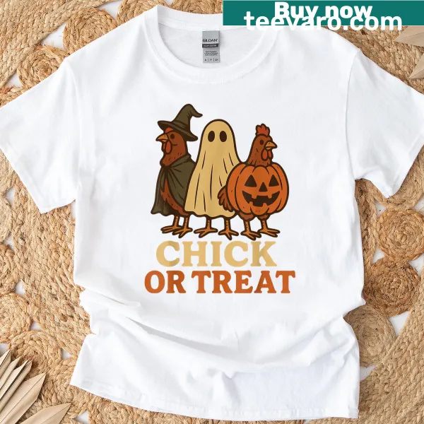 Funny chicken in costume graphic on a Halloween T-shirt
