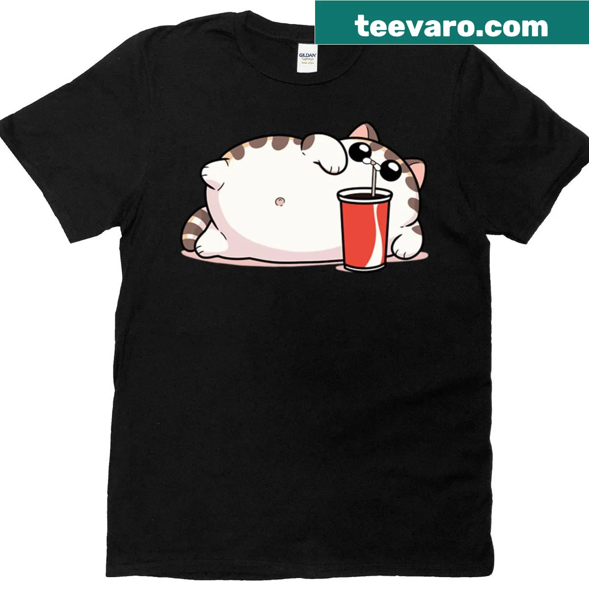 Cartoon T-shirt featuring a relaxed cat enjoying soda — on a men's t-shirt